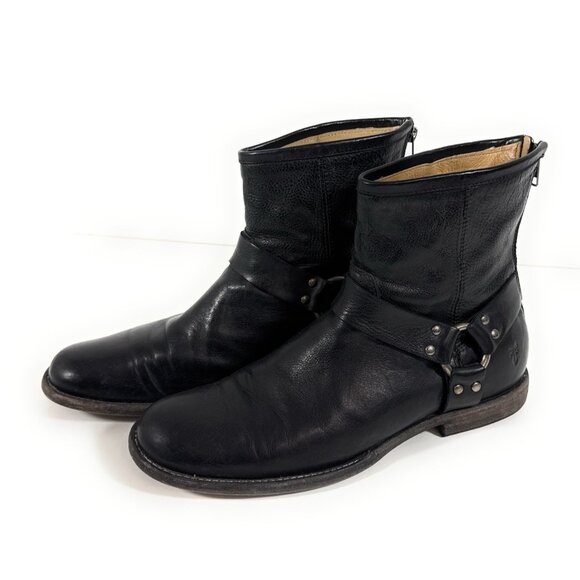 Frye Mens Phillip Harness Moto Biker Boots Size 10 D Back Zip Black Leather - Picture 1 of 14